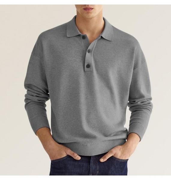 Men's Casual V-Neck Button Long Sleeve Polo Shirt Top