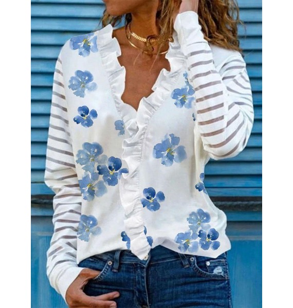 V Neck Print Casual Long Sleeved shirt