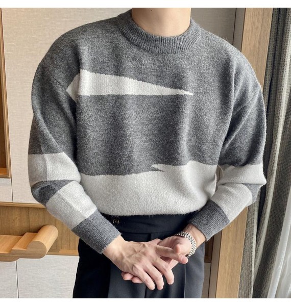 Round Neck Contrast Long-sleeved Knitted Sweater