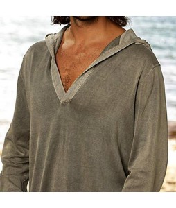 Men's Beach Boho Linen Hooded Long Sleeve T-Shirt