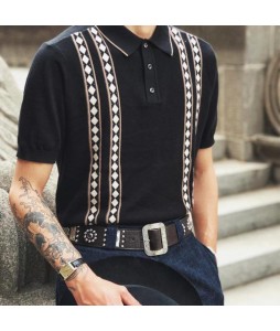 50s  jacquard cotton knit polo shirt