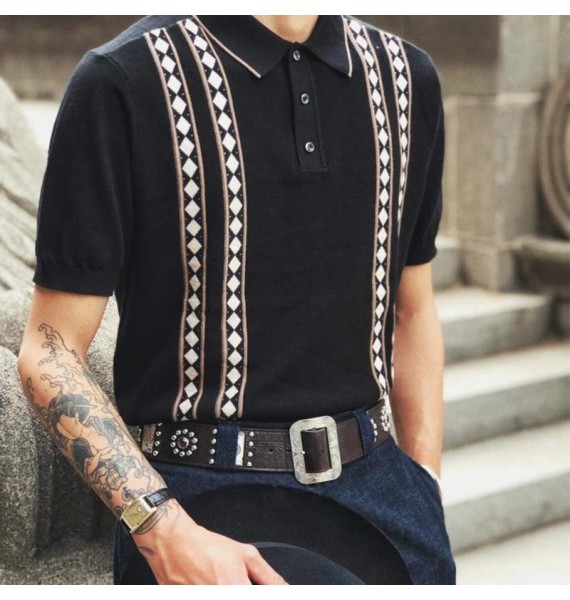 50s  jacquard cotton knit polo shirt