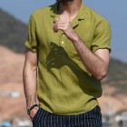 Spring Color V-Neck Short Sleeve Linen Shirt