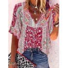 V-neck Casual Loose Floral Print Short Sleeve Blouse