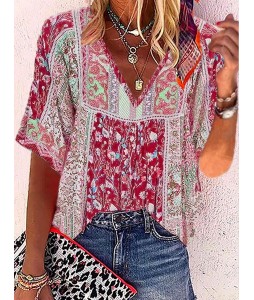 V-neck Casual Loose Floral Print Short Sleeve Blouse