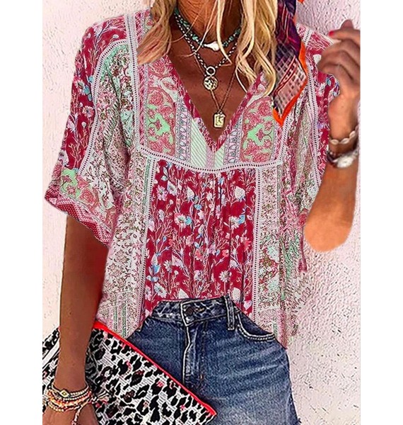 V-neck Casual Loose Floral Print Short Sleeve Blouse