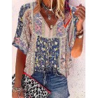 V-neck Casual Loose Floral Print Short Sleeve Blouse