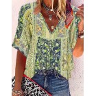 V-neck Casual Loose Floral Print Short Sleeve Blouse