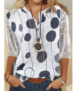 Print V Neck Three Quarter Sleeves Blouse