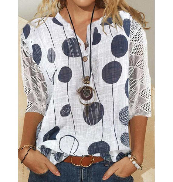 Print V Neck Three Quarter Sleeves Blouse