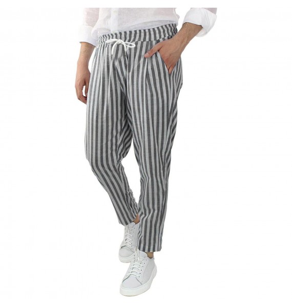 Men's Casual Loose Striped Straight Cotton Linen Pants