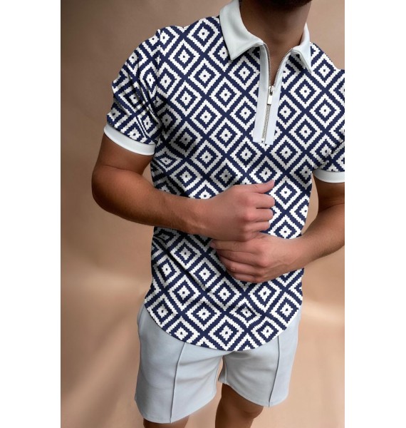 Geometric Colorblock Short-sleeved Polo Shirt